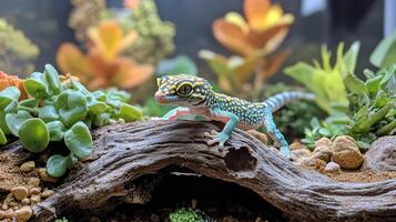Leopard gecko exploring a desert-themed terrarium with cacti and vibrant orange plants photo