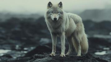 Wolf standing on a rock during a cool evening in a snowy landscape photo