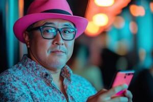 Stylish man in bright orange suit with pink hat standing against vibrant pink wall while using smartphone photo