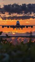Airplane landing at sunset under orange and purple sky near busy airport runway photo