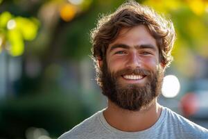 Happy young man with a beard smiling outdoors in natural light photo