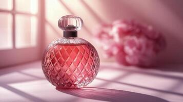 Elegant pink perfume bottle placed on a soft background with delicate bokeh effects and decorative elements photo