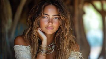 Bangles and bracelets showcase intricate metalwork worn by a person in natural lighting photo