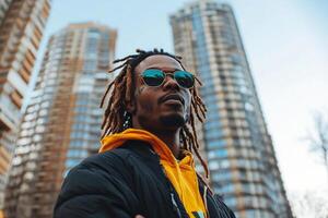 Man with dreadlocks poses confidently in an urban environment amidst tall buildings photo