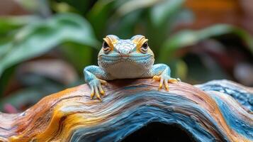 Bearded dragon resting on a log in a vibrant terrarium environment with lush foliage photo