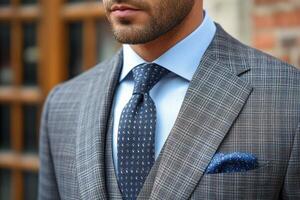 Elegant business attire features a well-groomed man with a stylish tie and lapel pin in a refined setting photo