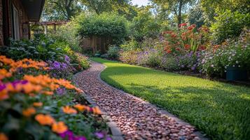 Colorful flower garden with lush green lawn and stone pathway in a serene outdoor setting photo