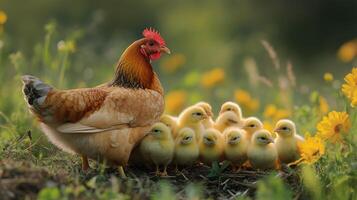 Mother hen watching over her fluffy chicks in a blooming field during golden hour photo