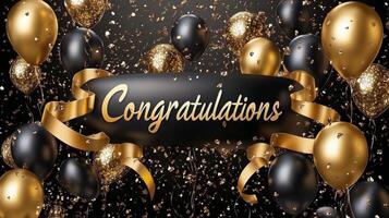 Celebration with golden and black balloons, confetti, and a congratulations banner for special occasions photo