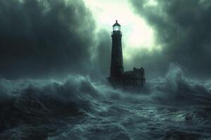 Lighthouse guiding ships through stormy seas and dark skies with lightning photo