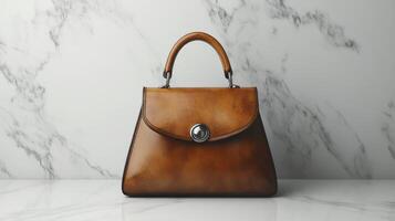 Elegant brown leather handbag displayed on a marble surface in a sophisticated setting photo