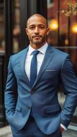 Confident man in elegant blue suit poses outside a modern building in the city photo