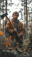 Woodsman carrying axe in dense forest during autumn afternoon photo
