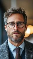 Professional man with glasses poses confidently in a formal suit against a dark background photo