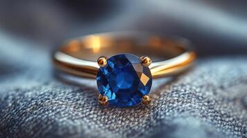 Elegant gold ring featuring a stunning blue gemstone on a soft fabric background photo