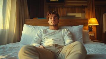 Cozy man relaxing in warm sweater at a stylish indoor lounge during evening photo