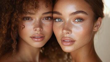 Beautiful model applying foundation for a flawless complexion in a softly lit setting photo