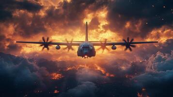 Military aircraft flying through dramatic clouds at sunset with fiery colors and intense sky photo