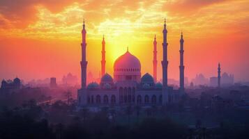 Sunset over a grand mosque with vibrant clouds in the sky photo