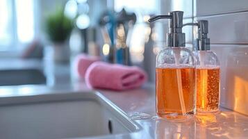 Sunset view of a modern kitchen sink with plants and skincare bottles on the counter photo