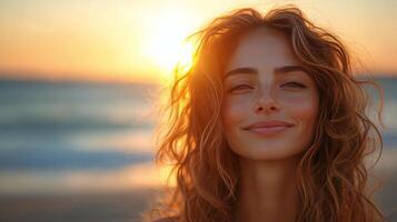 Sunset beach portrait with a smiling woman enjoying the golden hour by the ocean photo