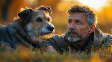 Man and dog enjoying a moment of connection during a sunset in a serene outdoor setting photo