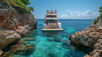 Luxurious yacht anchored in a serene cove surrounded by rocky cliffs and crystal-clear waters photo