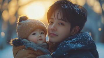 Mother holding baby close with warm expressions in cozy indoor setting during daylight photo