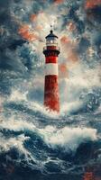 Stormy ocean waves crashing near a striped lighthouse during twilight hours photo