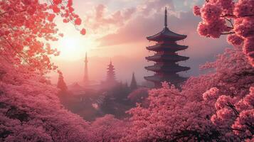 Cherry blossoms frame a stunning five-story pagoda in a tranquil Japanese street scene during springtime photo