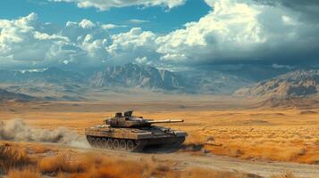 Heavy tank driving through dusty desert landscape under cloudy sky with mountains in the background photo