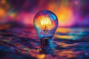 Colorful light bulb with vibrant smoke effect illuminating dark space photo