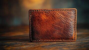 Classic brown leather wallet resting on a wooden table with elegant texture and detail visible photo
