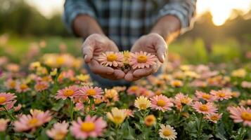 Gardener tending to vibrant flowers with a shovel in a sunlit garden during springtime photo
