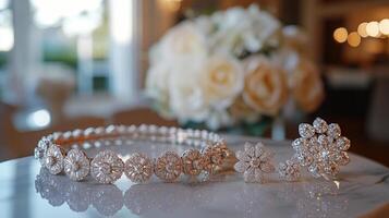 Elegant silver jewelry set displayed on a marble surface with roses and candles in a soft-lit setting photo