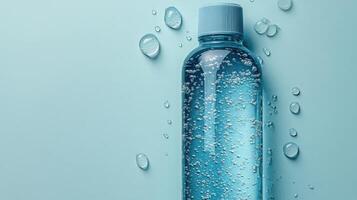 Clear blue bottle of liquid against a light blue background with shadow patterns highlighting its features photo