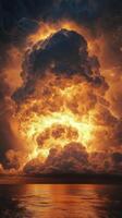 Dramatic lightning strikes illuminate a vibrant cloud formation at dusk in a stormy sky photo