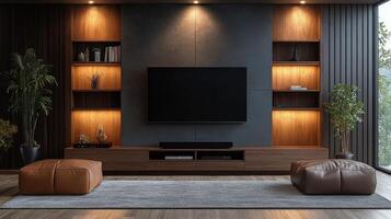 Modern living room design featuring orange and gray furniture with greenery and a large TV photo