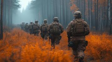 Soldiers navigate through a foggy forest with vibrant autumn foliage in the background photo