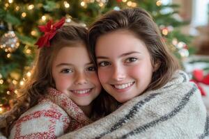 Mother and daughter cuddle together in cozy blankets by the Christmas tree photo