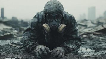 Survivor in a devastated urban landscape wearing a gas mask during a post-apocalyptic scenario photo