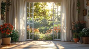 Beautiful garden view from a bright room with open windows and vibrant flowers photo
