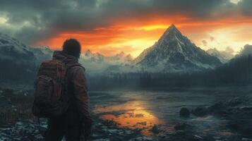 Desolate landscape under foggy mountains with figure in yellow jacket looking over abandoned city photo