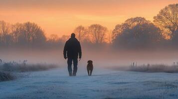 Walking a dog in a foggy field during early morning hours photo