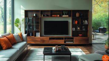 Modern living room design featuring orange and gray furniture with greenery and a large TV photo