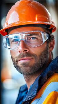 Construction worker with safety gear focused on site tasks during daylight hours photo