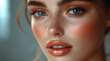 Smiling young woman with freckles enjoying a moment of serenity and happiness indoors photo