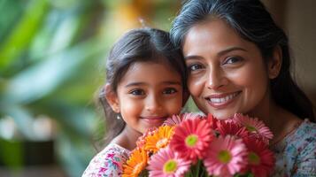 Mother and daughter share a joyful moment in a flower shop while holding a bouquet during daylight hours photo