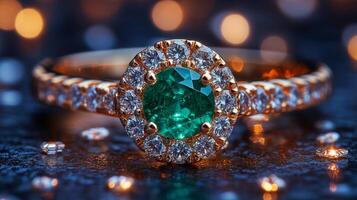 Elegant rose gold ring featuring a vibrant green gemstone and sparkling diamonds photo