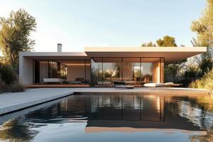 Modern house with large windows and a pool in a serene backyard setting photo